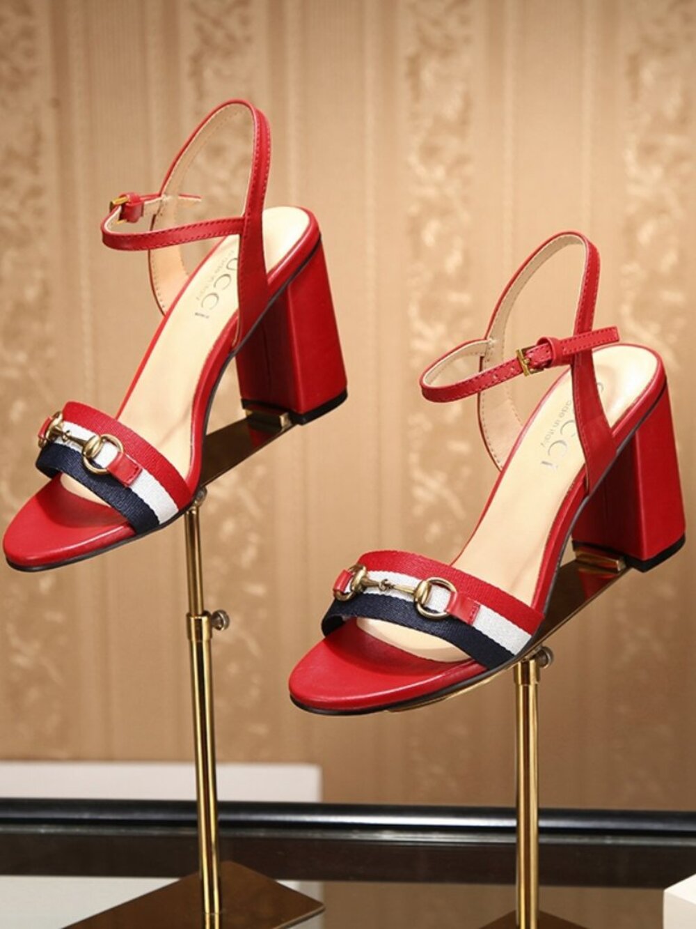 Gucci. webbing high heels with antique brass buckle